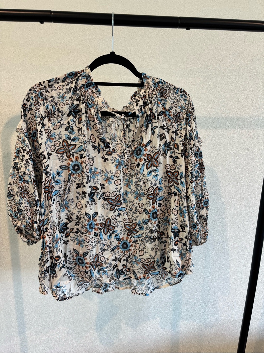Another Love Floral Tie-Neck Peasant Blouse in Ivory, Blue, Brown